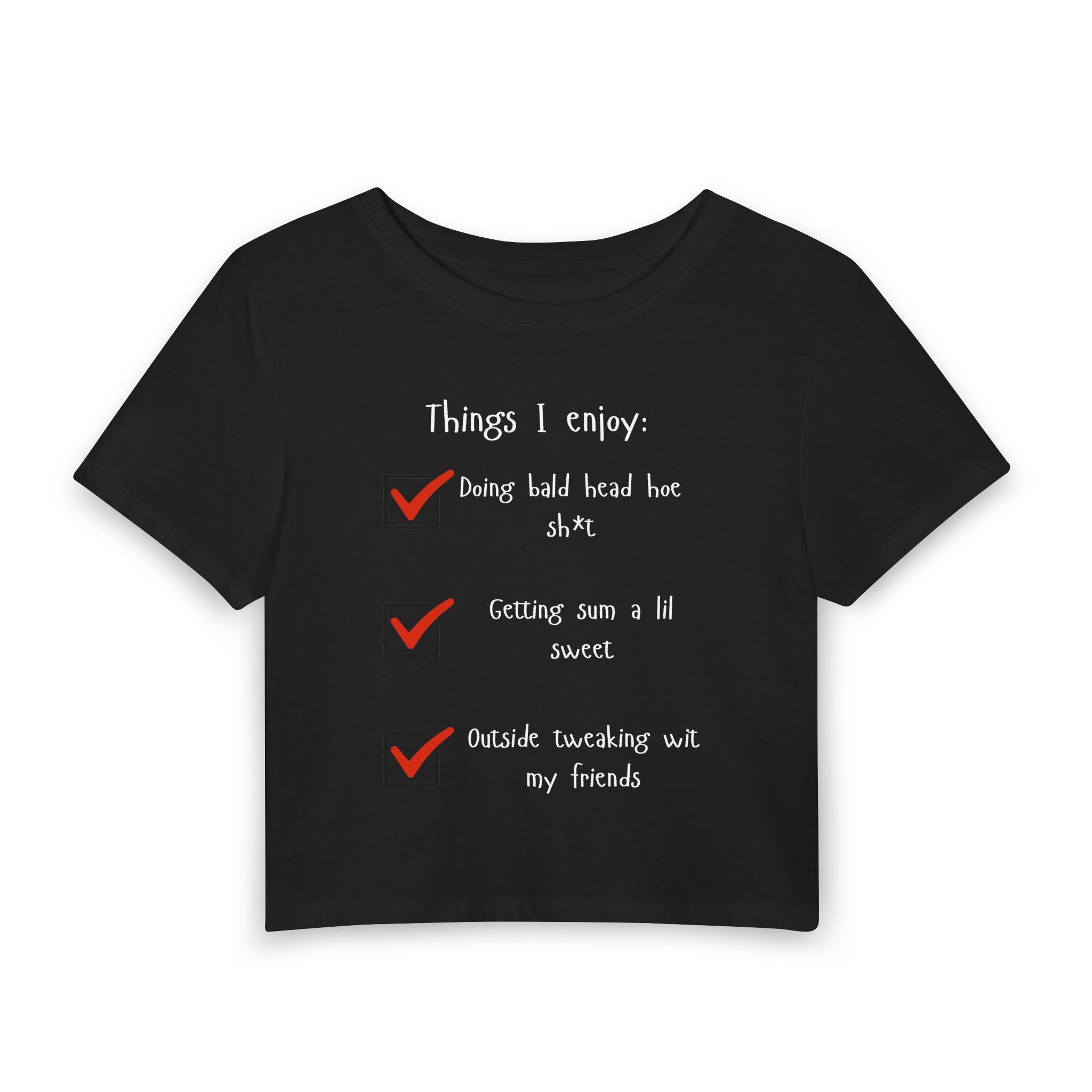 Things I Enjoy Baby Tee — graphic baby crop tee from Chicky Tings