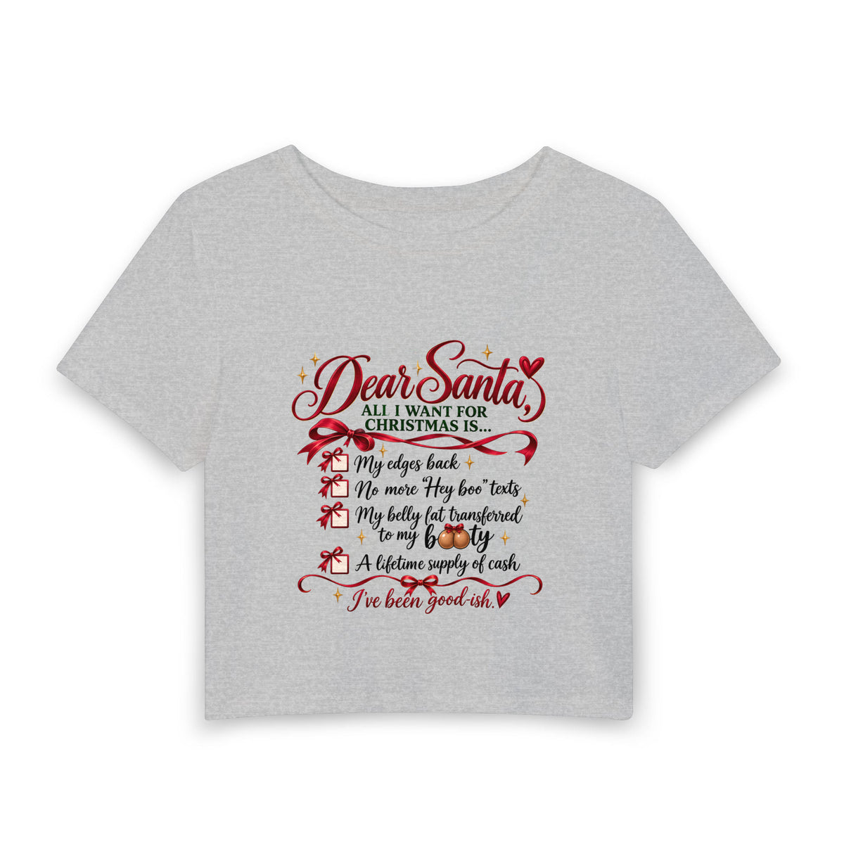 All I Want for Christmas List Baby Tee in Gray, front view