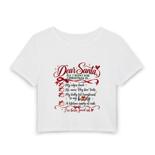 All I Want for Christmas List Baby Tee in White, front view