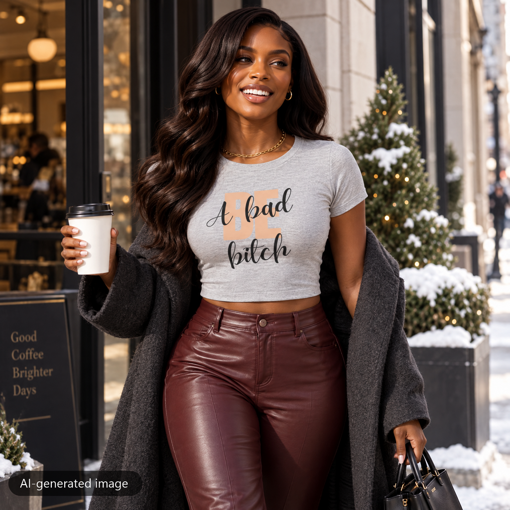 Model wearing the Gray Be A Bad Bitch baby tee (AI-generated image)