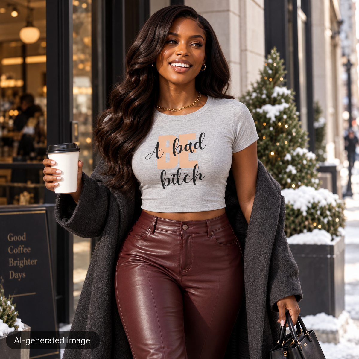 Model wearing the Gray Be A Bad Bitch baby tee (AI-generated image)