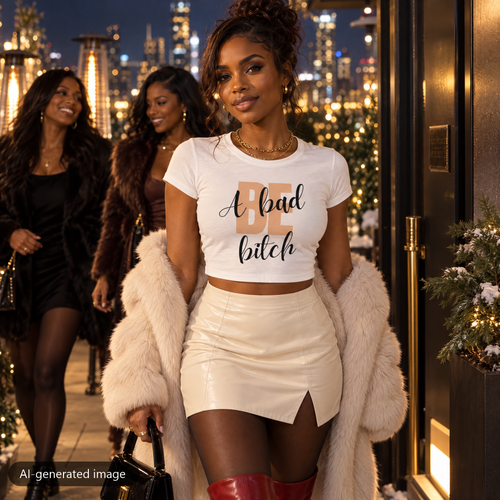 Model wearing the White Be A Bad Bitch baby tee (AI-generated image)