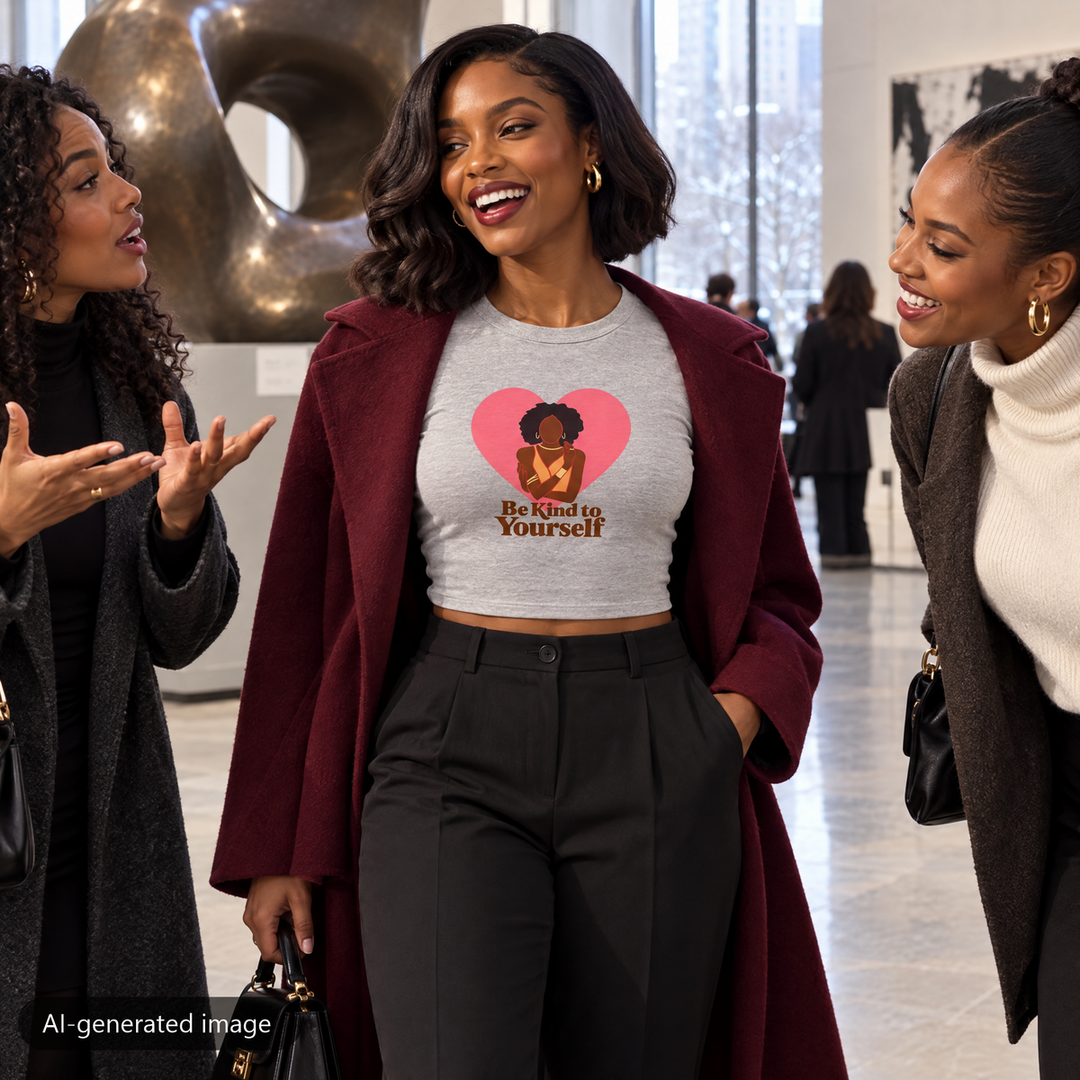 Model wearing the Gray Be Kind to Yourself — Self Love baby tee (AI-generated image)