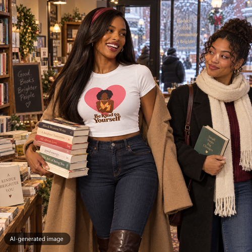 Model wearing the White Be Kind to Yourself — Self Love baby tee (AI-generated image)