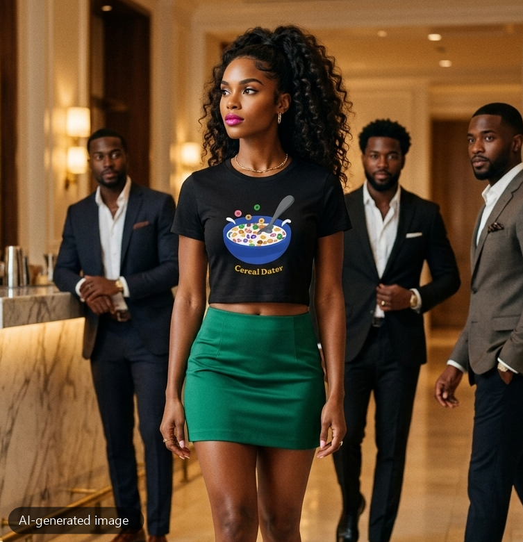 Model wearing the Black Cereal Dater baby tee (AI-generated image)