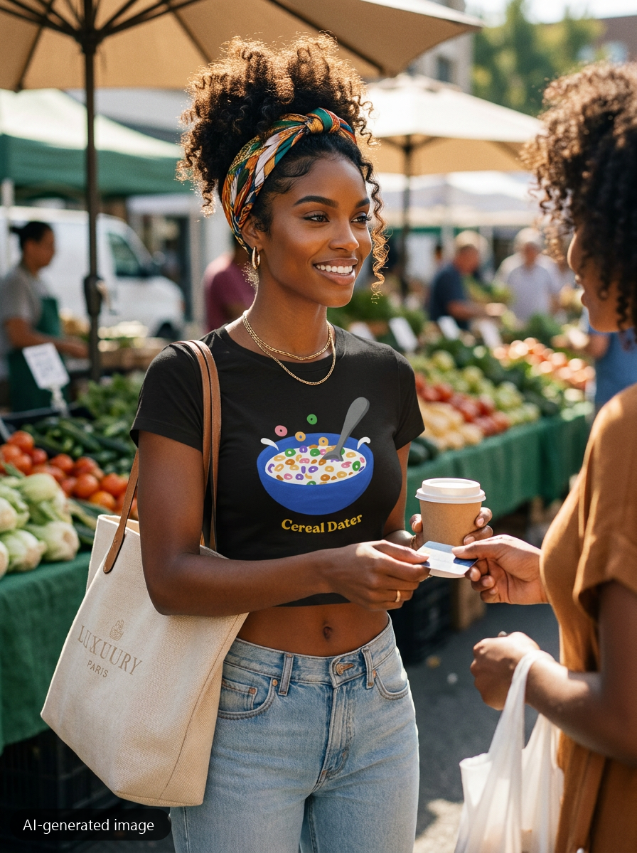 Model wearing the Black Cereal Dater baby tee (AI-generated image)