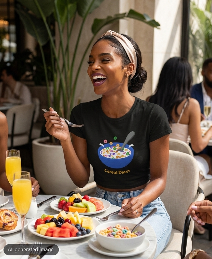 Model wearing the Black Cereal Dater baby tee (AI-generated image)