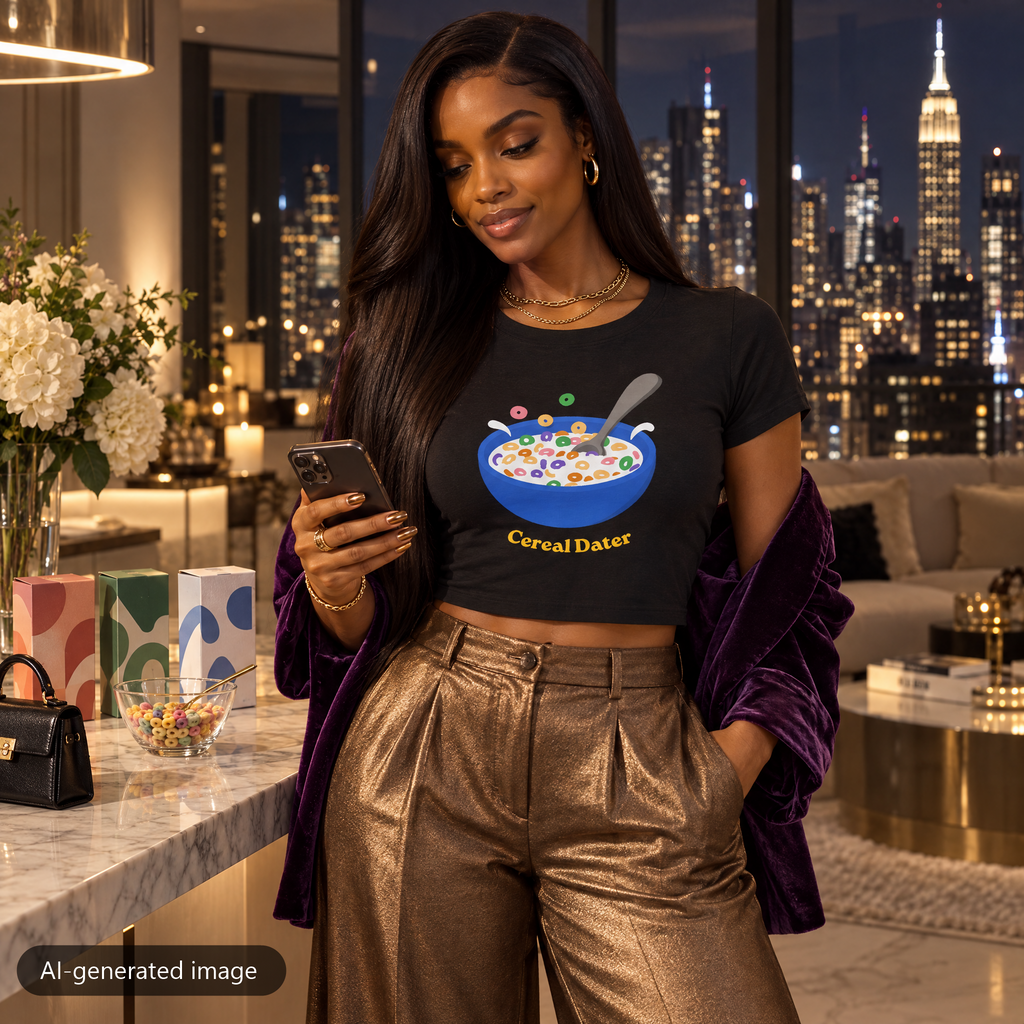 Model wearing the Black Cereal Dater baby tee (AI-generated image)
