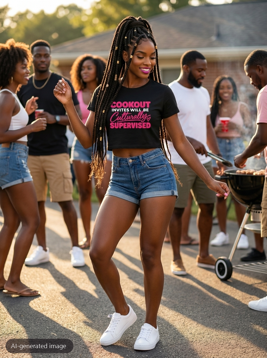 Model wearing the Cookout Invites baby tee (AI-generated image)