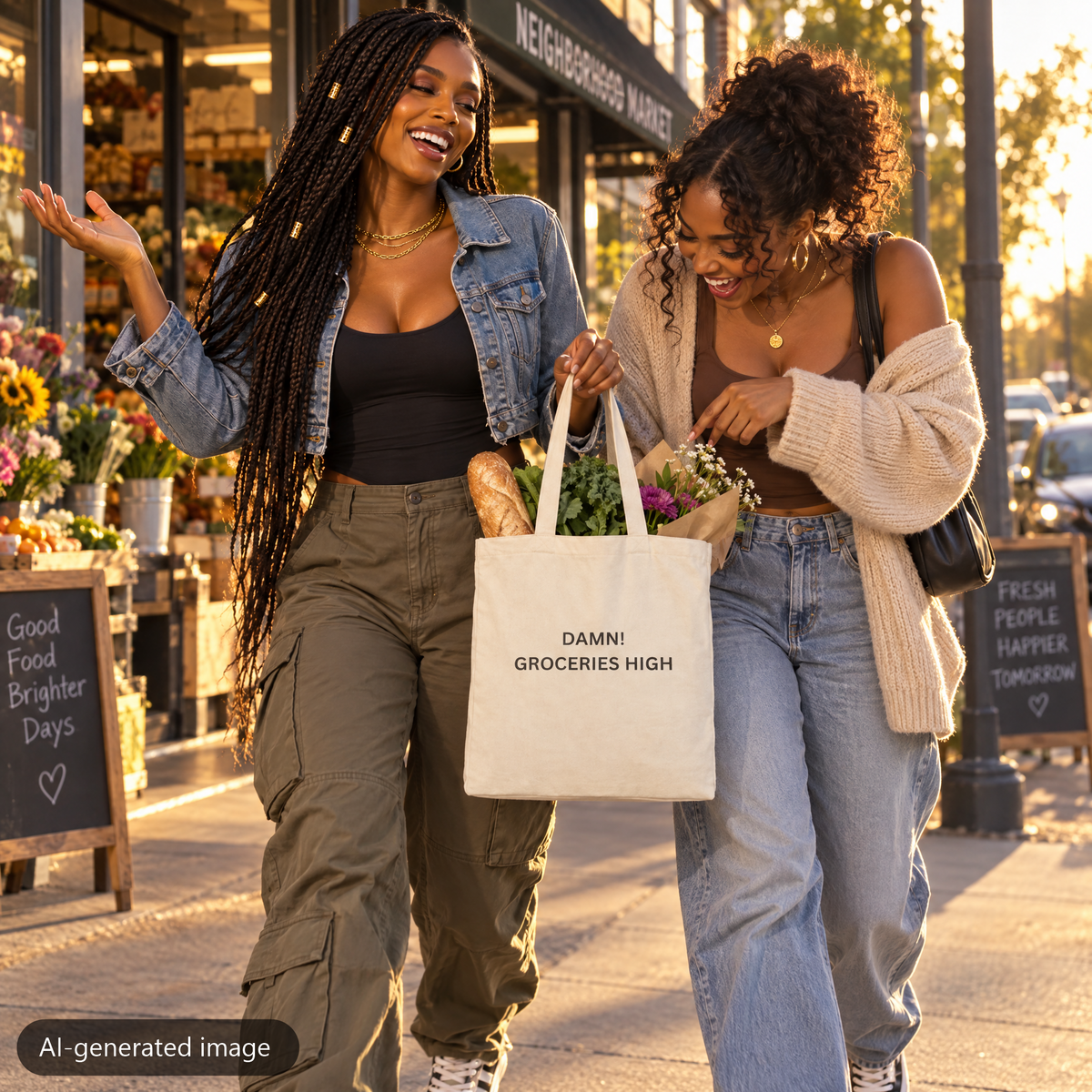 Model carrying the Natural Damn! Groceries High tote bag (AI-generated image)