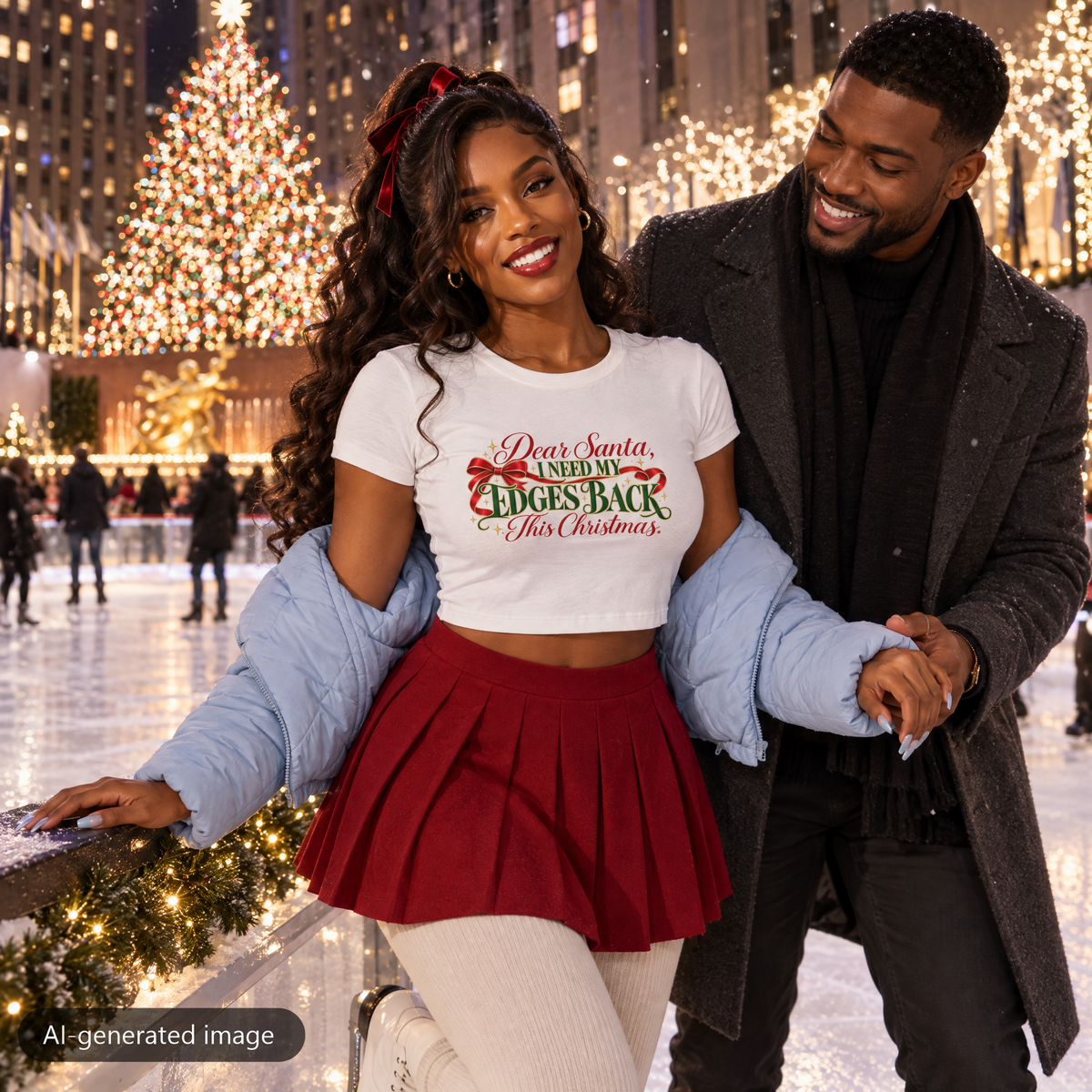 Model wearing the White Dear Santa, I Need My Edges Back baby tee (AI-generated image)
