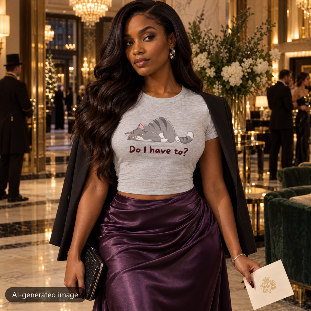 Model wearing the Gray Do I Have To? baby tee (AI-generated image)