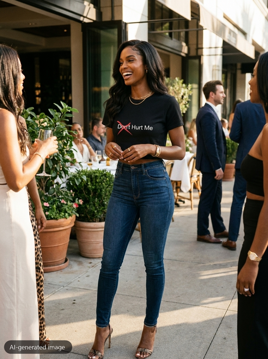 Model wearing the Black Don't Hurt Me baby tee (AI-generated image)