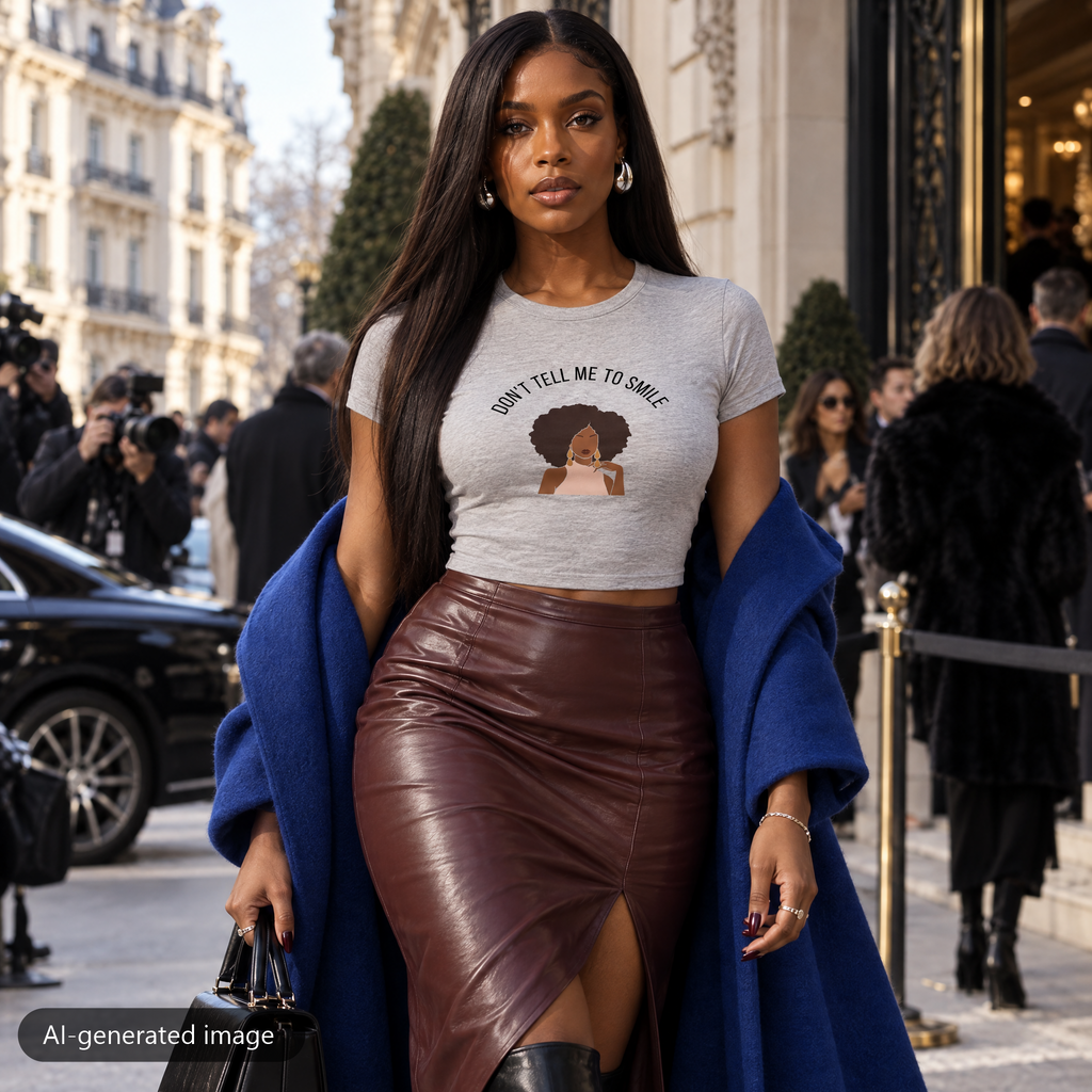Model wearing the Gray Don't Tell Me To Smile — Unbothered baby tee (AI-generated image)