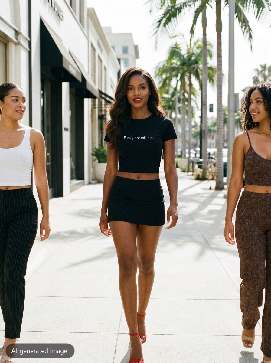 Model wearing the Black Funky Hot Millennial baby tee (AI-generated image)