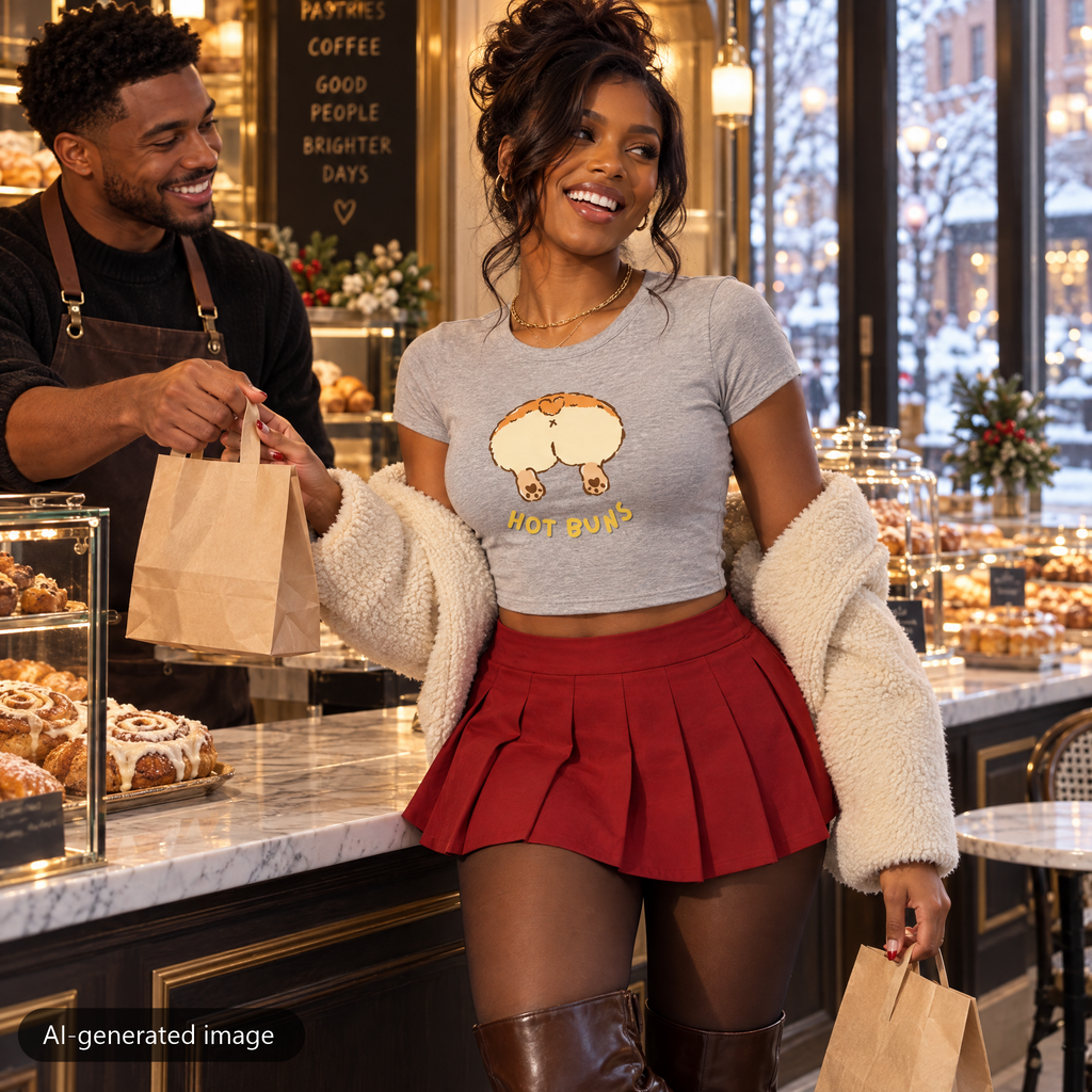 Model wearing the Gray Hot Buns baby tee (AI-generated image)