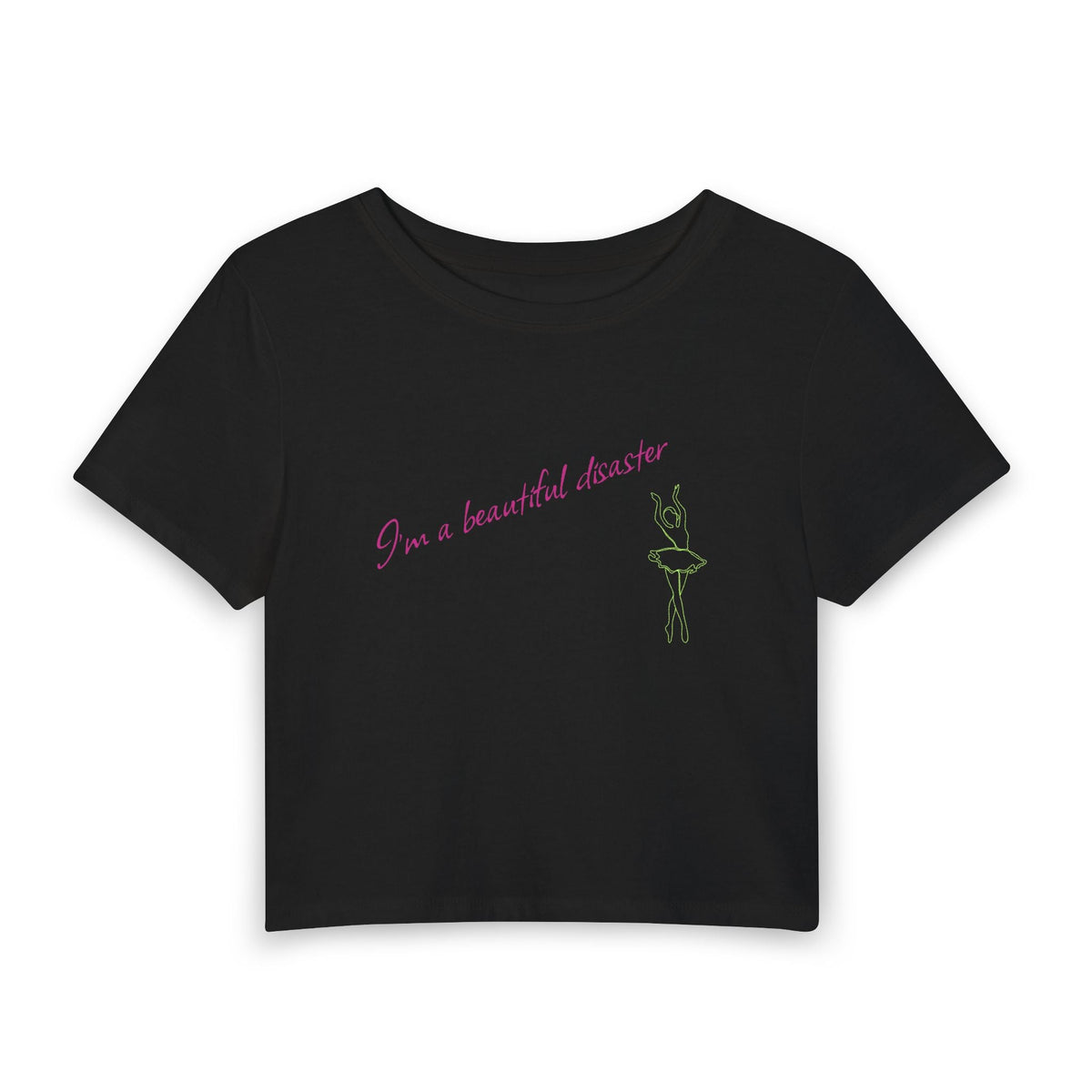 I’m a Beautiful Disaster Baby Tee in Black, front view