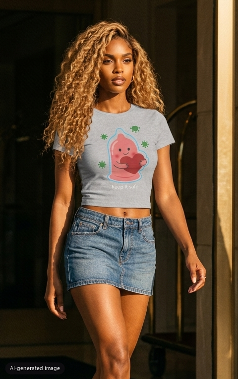 Model wearing the Gray Keep It Safe baby tee (AI-generated image)
