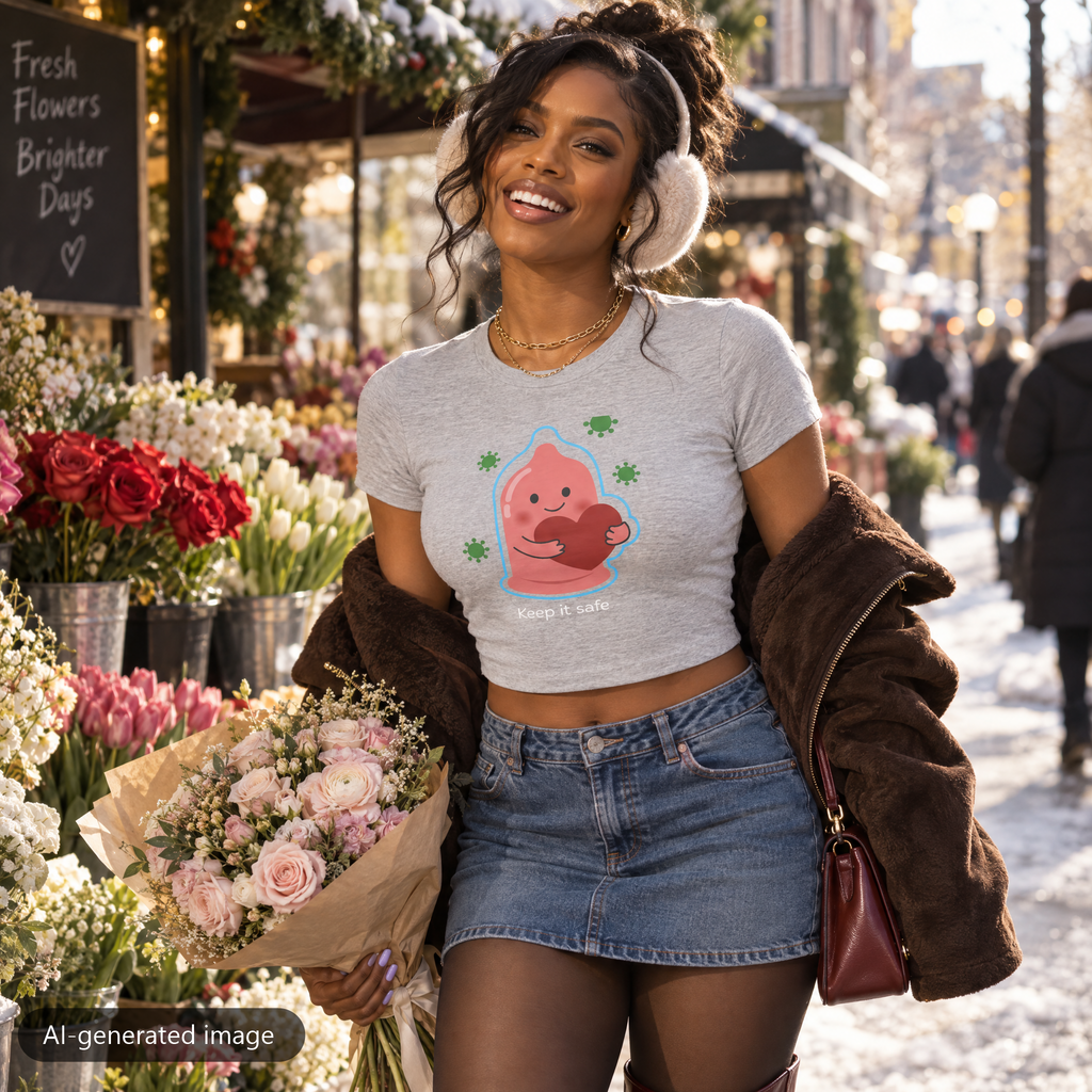 Model wearing the Gray Keep It Safe baby tee (AI-generated image)