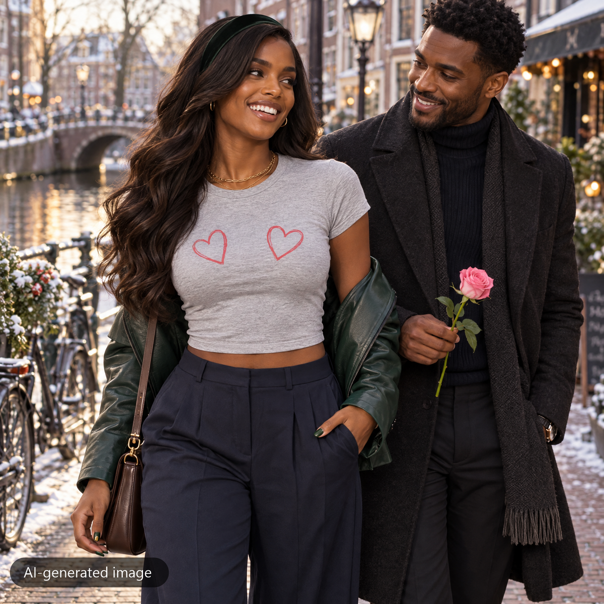 Model wearing the Gray Love Me baby tee (AI-generated image)