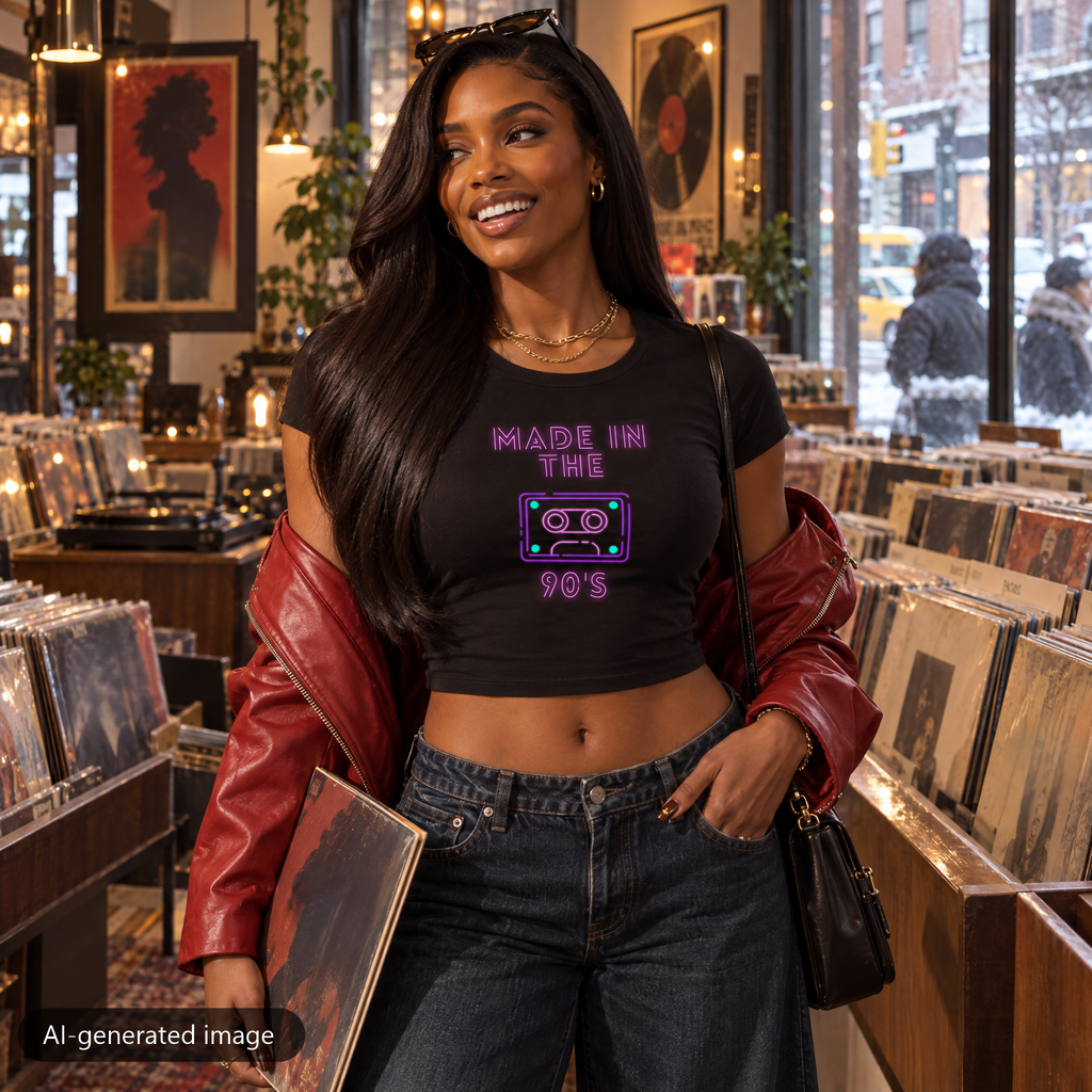 Model wearing the Black Made in the 90’s baby tee (AI-generated image)