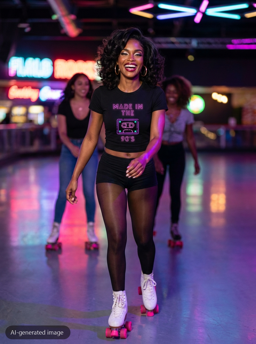 Model wearing the Black Made in the 90's baby tee (AI-generated image)