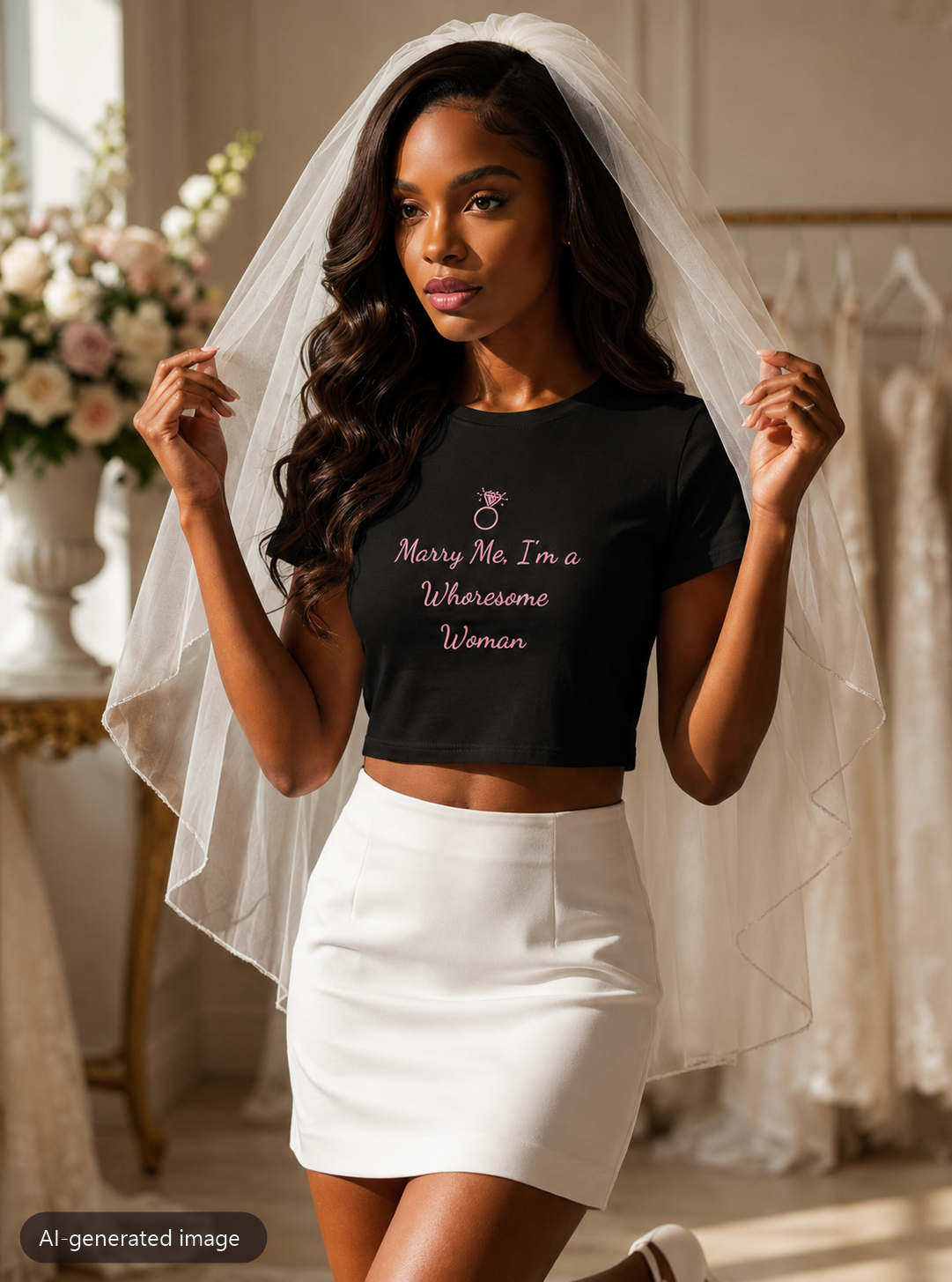 Model wearing the Black Marry Me, I'm a Whoresome Woman baby tee (AI-generated image)