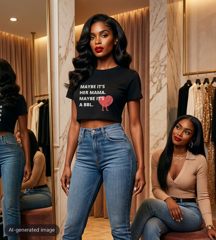 Model wearing the Maybe It's a BBL baby tee (AI-generated image)