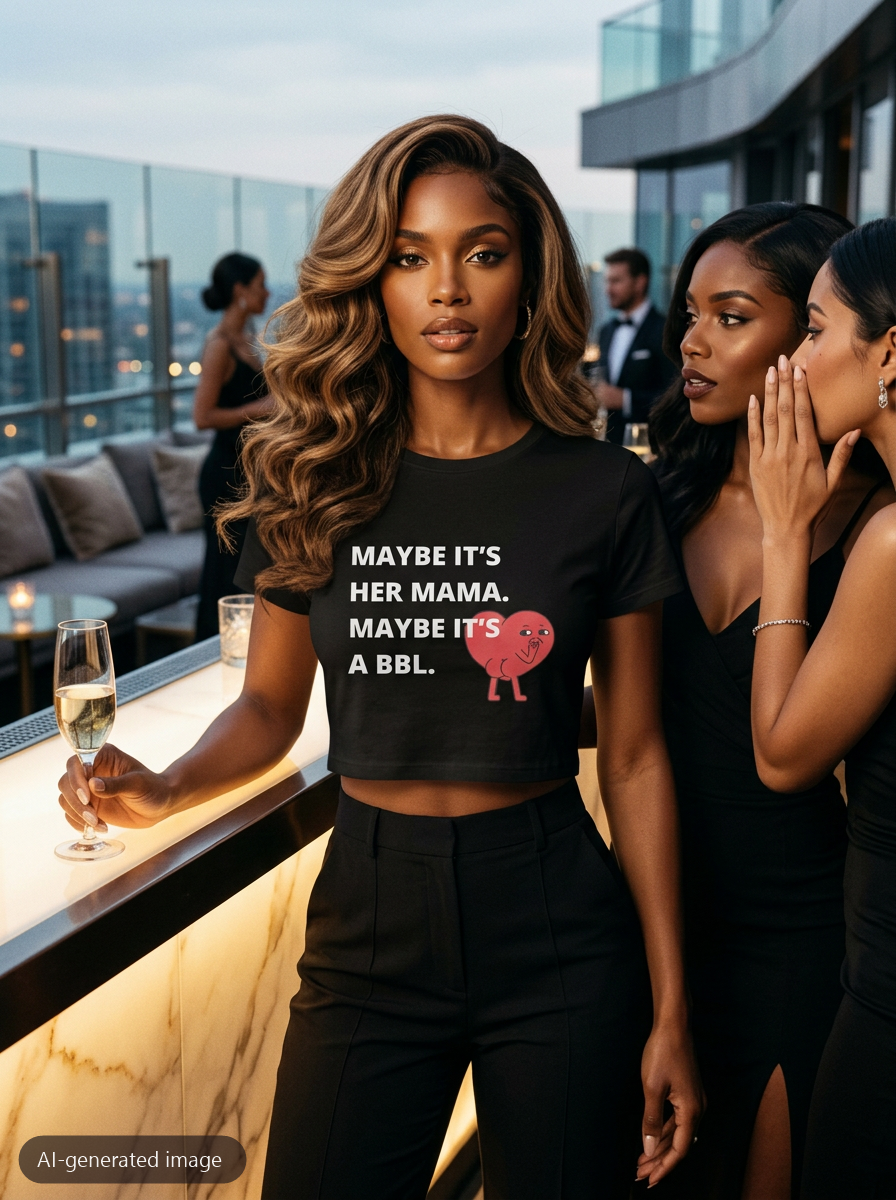 Model wearing the Maybe It's a BBL baby tee (AI-generated image)