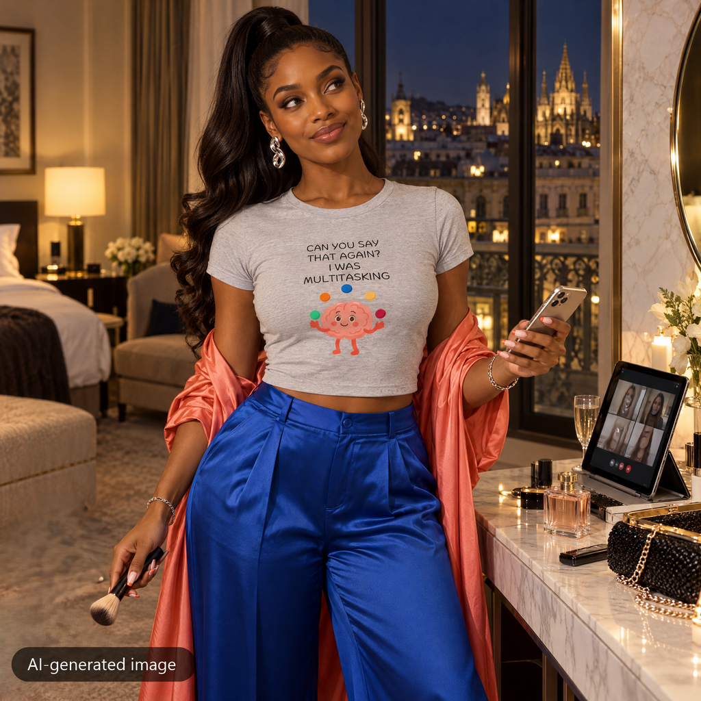 Model wearing the Gray Multitasking Brain baby tee (AI-generated image)