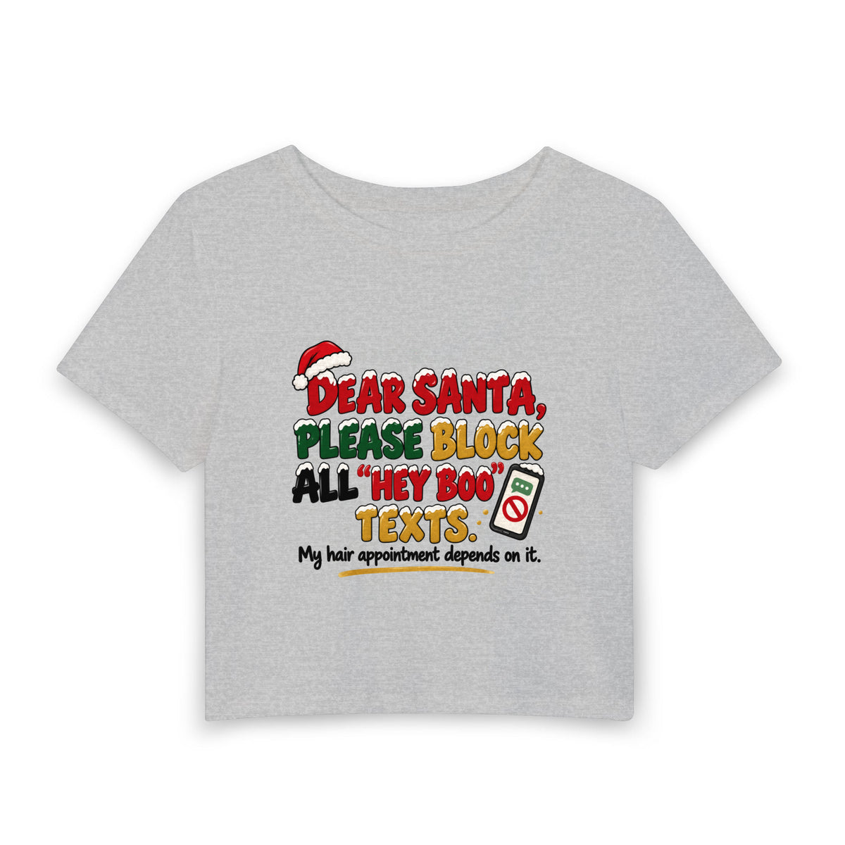 No More Hey Boo Texts Baby Tee in Gray, front view