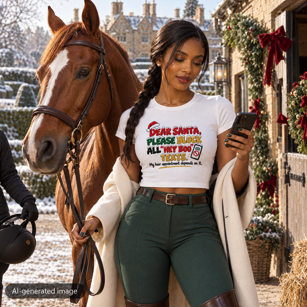 Model wearing the White No More Hey Boo Texts baby tee (AI-generated image)
