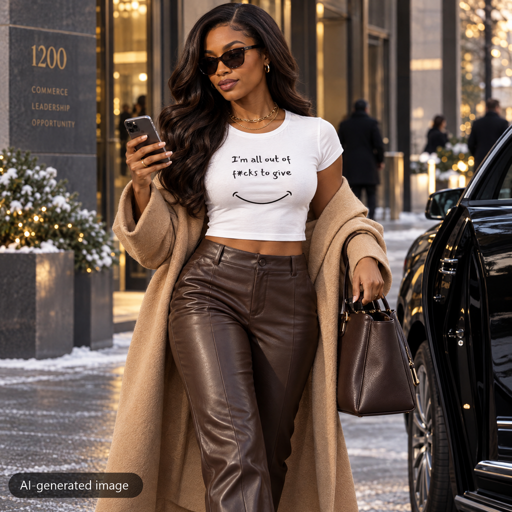 Model wearing the White Out Of F*cks to Give baby tee (AI-generated image)
