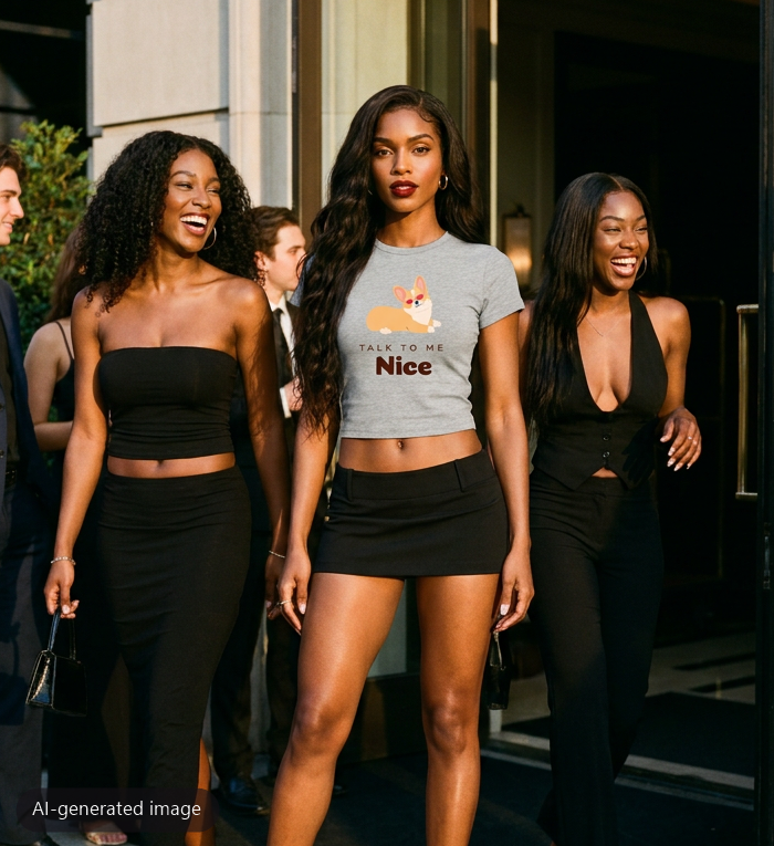 Model wearing the Gray Talk to Me Nice baby tee (AI-generated image)