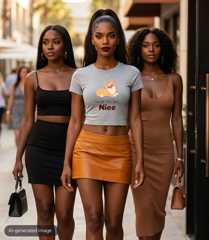 Model wearing the Gray Talk to Me Nice baby tee (AI-generated image)