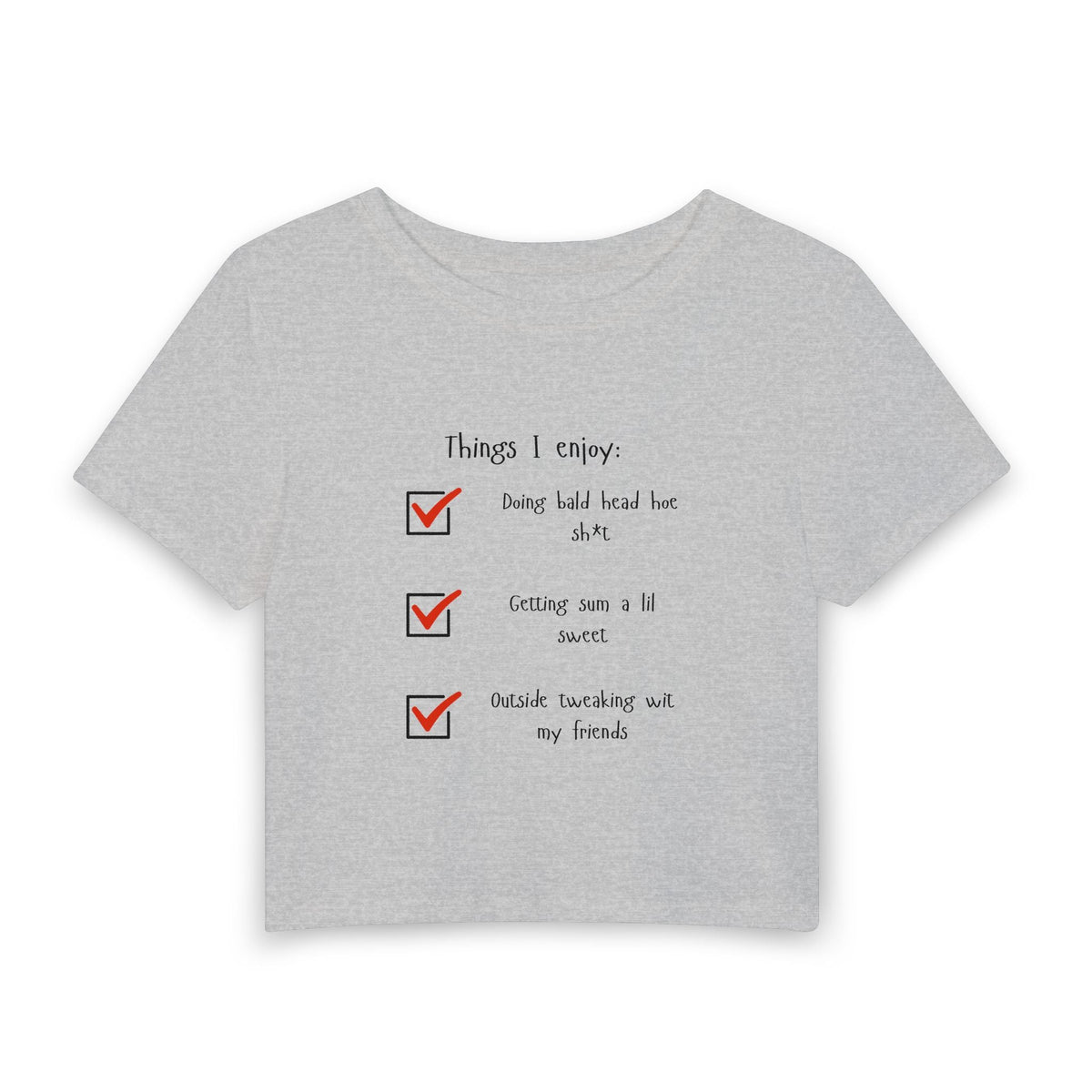 Things I Enjoy Baby Tee in Gray, front view