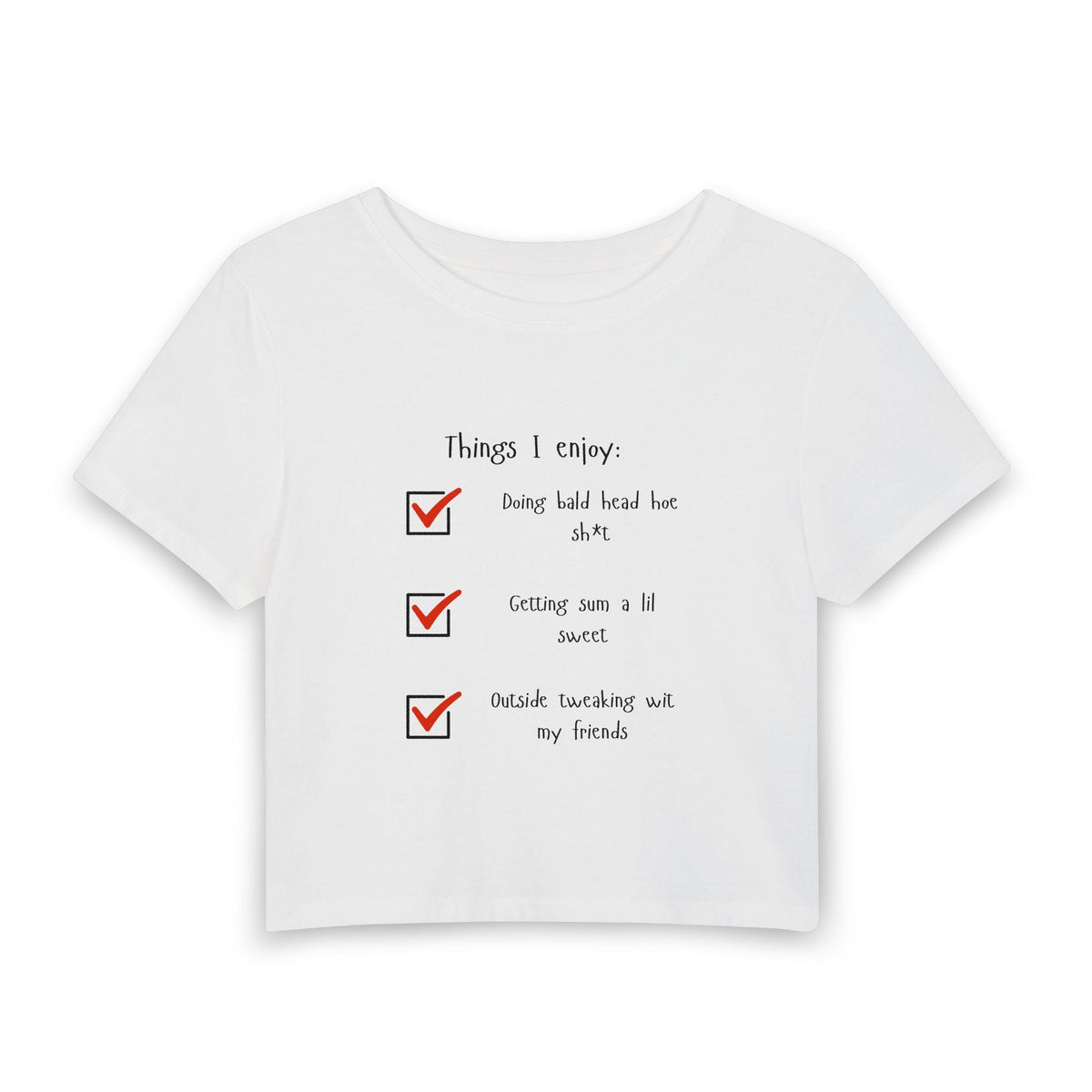 Things I Enjoy Baby Tee in White, front view